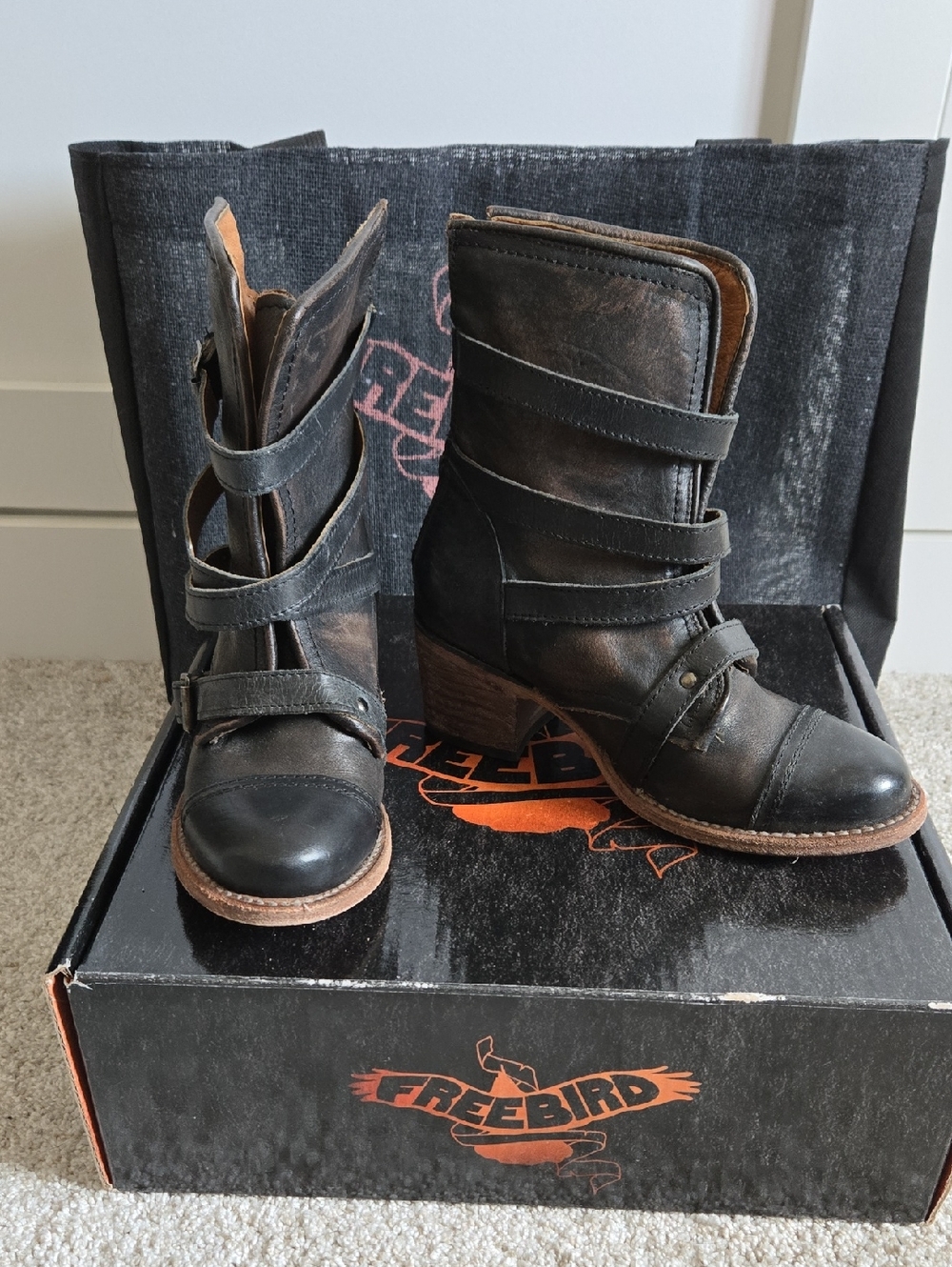 freebird Canyon  Size 6 Black Distressed Leather Strap Ankle Boots